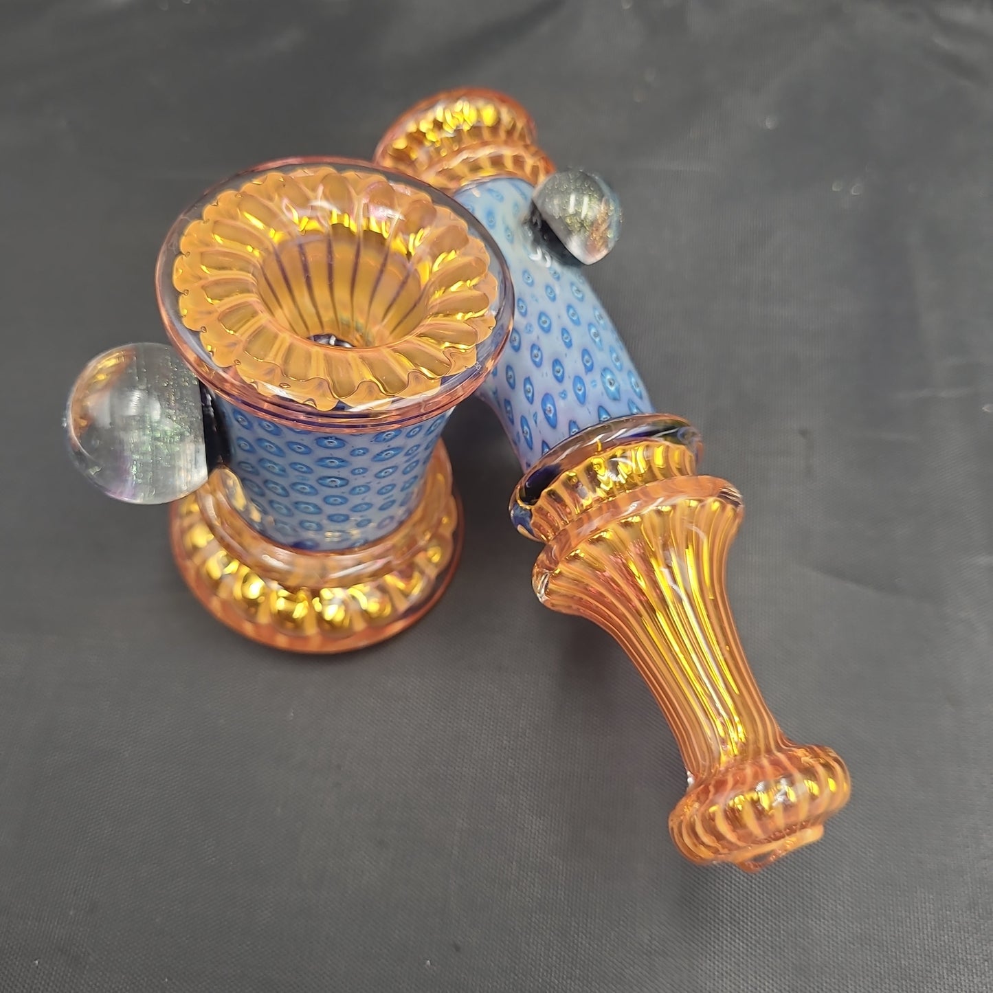 7" Fancy Gold Peacock Side Arm Dichro Ball Hammer Bubbler