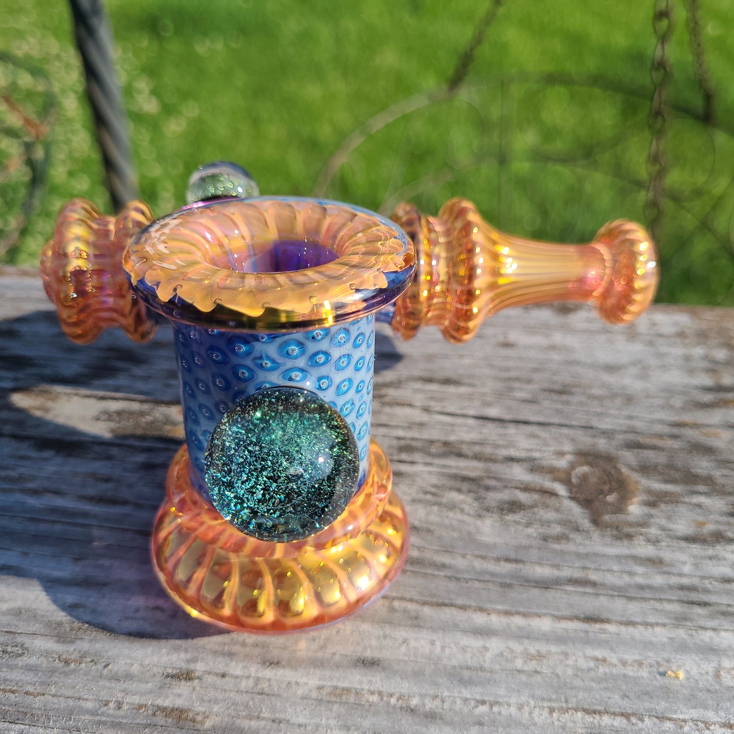 7" Fancy Gold Peacock Side Arm Dichro Ball Hammer Bubbler