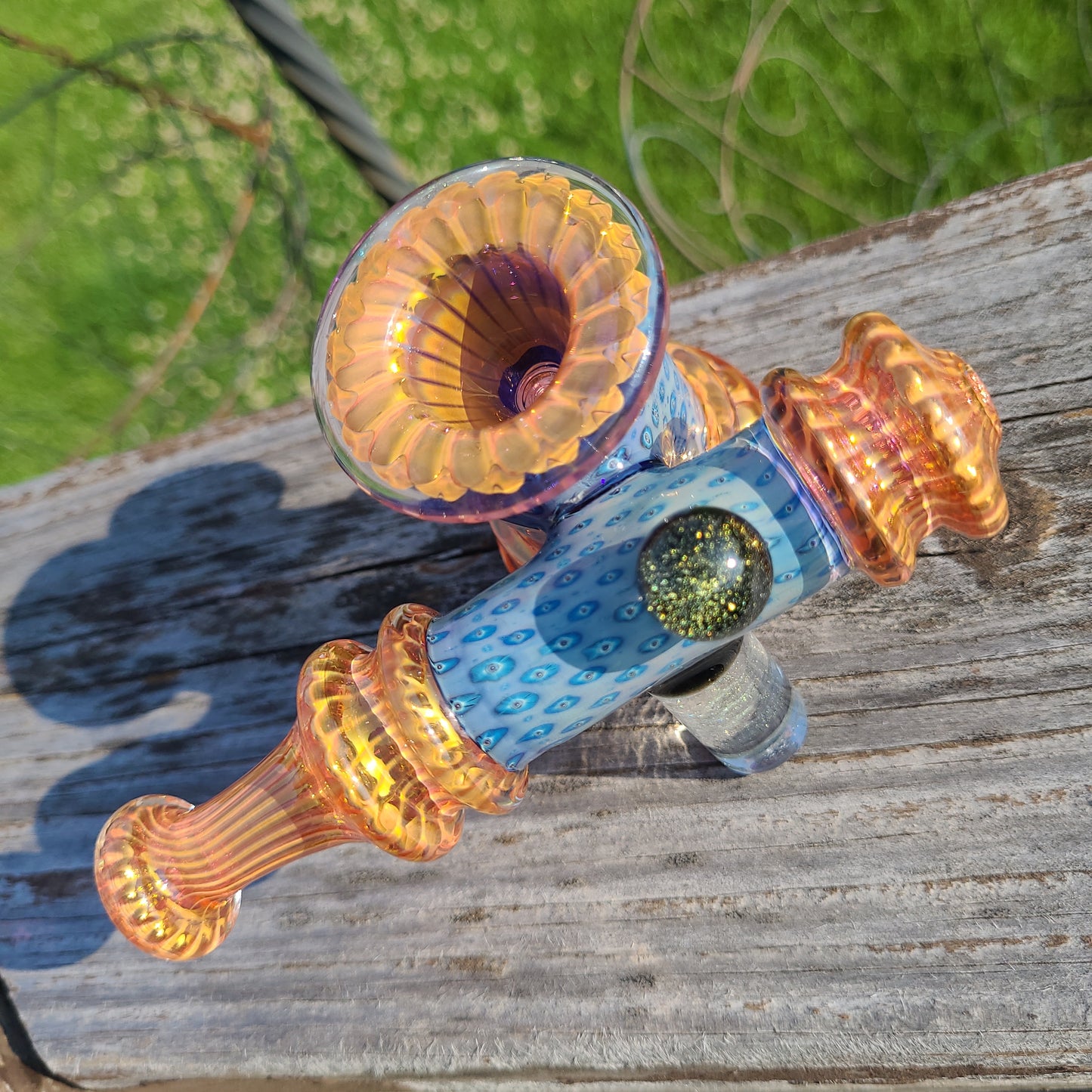 7" Fancy Gold Peacock Side Arm Dichro Ball Hammer Bubbler