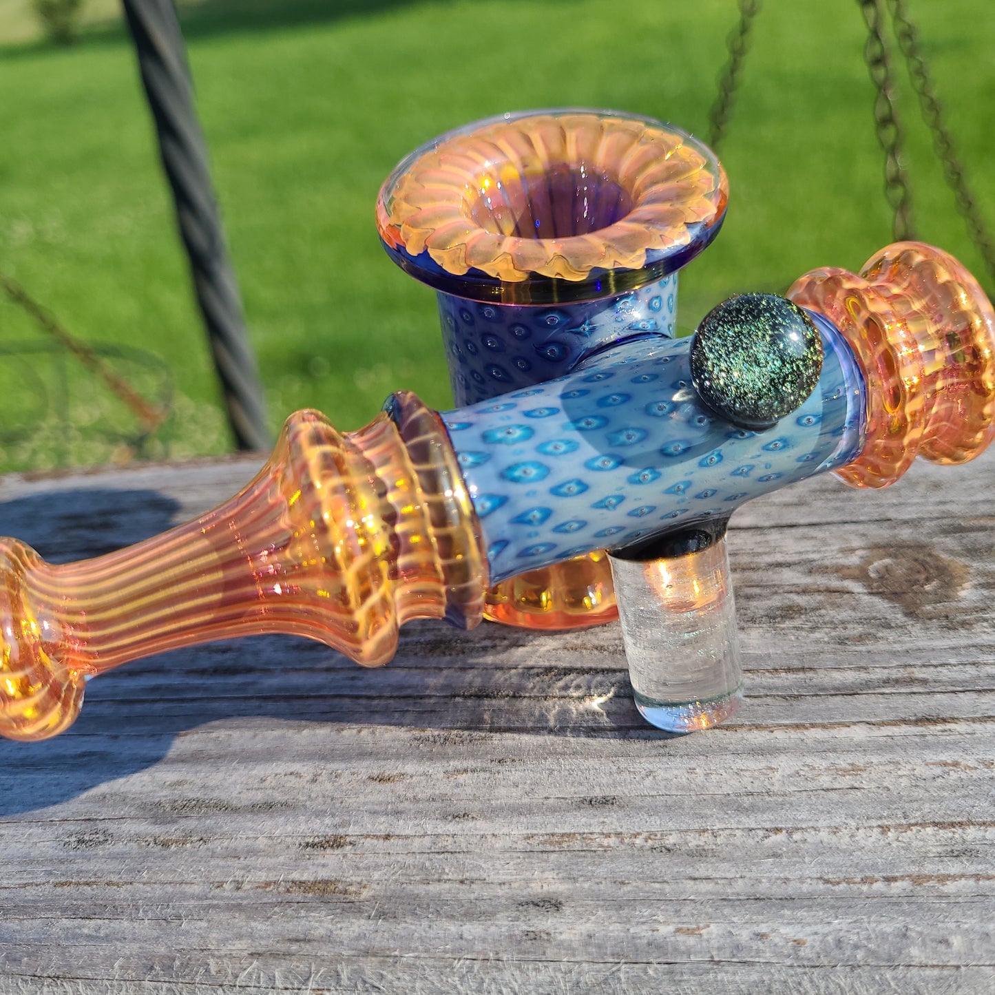 7" Fancy Gold Peacock Side Arm Dichro Ball Hammer Bubbler