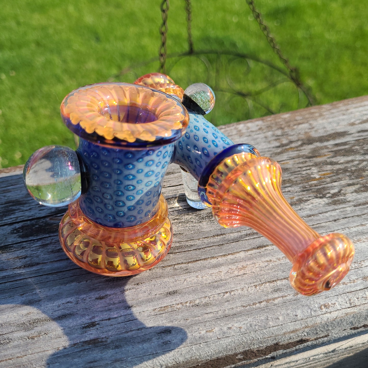 7" Fancy Gold Peacock Side Arm Dichro Ball Hammer Bubbler